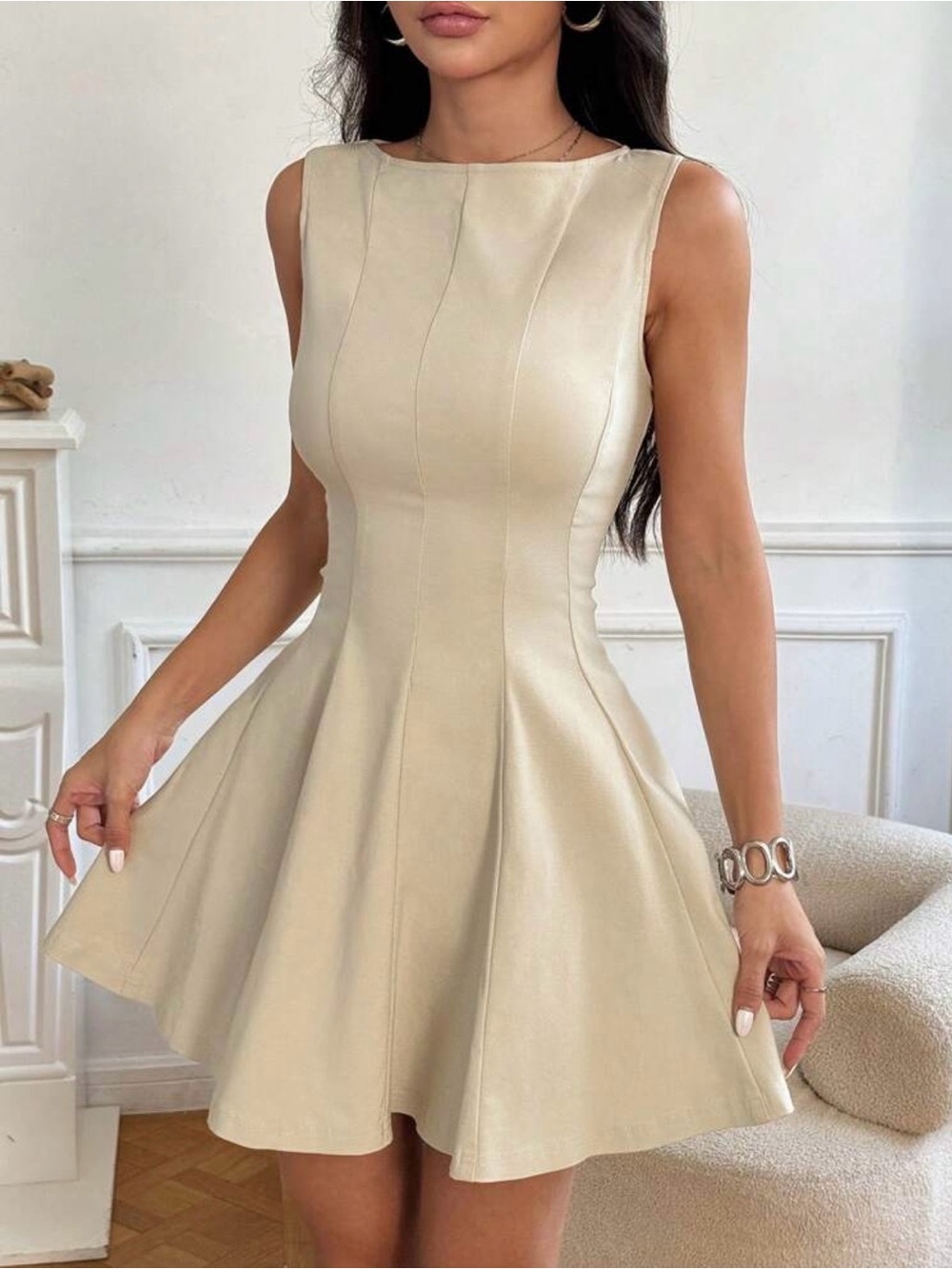 Old Money Beige Coquette Sleeveless Shein Fit Flare Mini Skater Dress XS